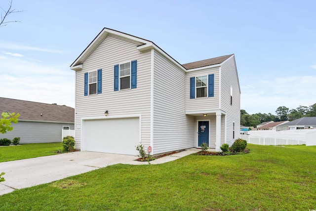 view of front of property with a front lawn, fence, driveway, and an attached garage