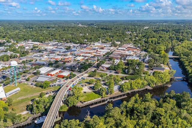 aerial view with a water view and a forest view