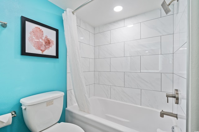 full bath featuring toilet and shower / tub combo with curtain