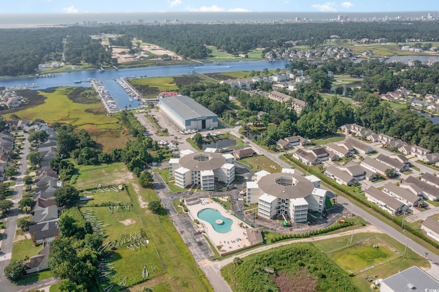 birds eye view of property featuring a water view