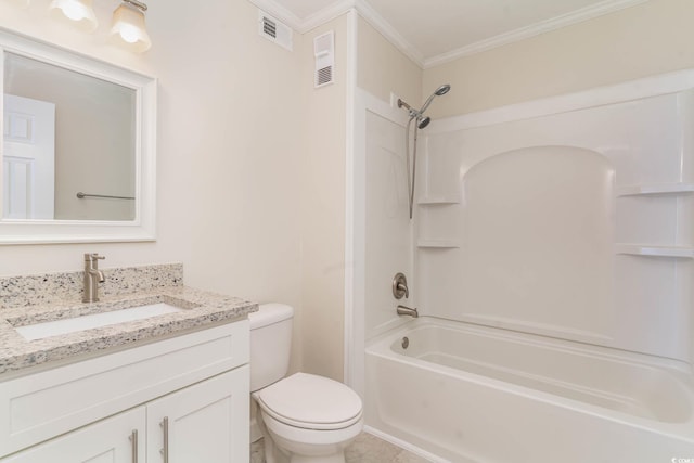 full bathroom with toilet, crown molding, shower / tub combination, and vanity