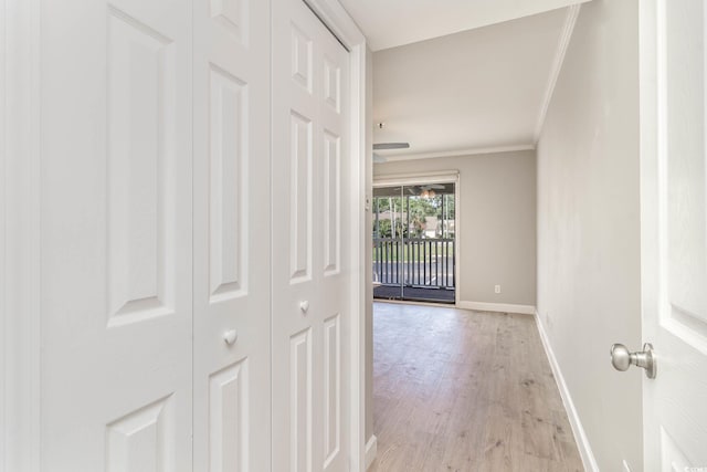 hallway featuring light hardwood / wood-style floors and crown molding