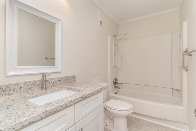 full bathroom with shower / washtub combination, toilet, vanity, tile patterned floors, and ornamental molding