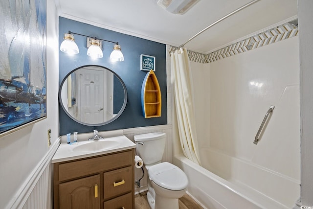 full bathroom with hardwood / wood-style flooring, shower / bath combo with shower curtain, vanity, and toilet