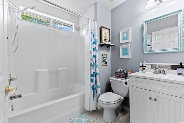 full bathroom with vanity, shower / tub combo, toilet, and tile patterned floors