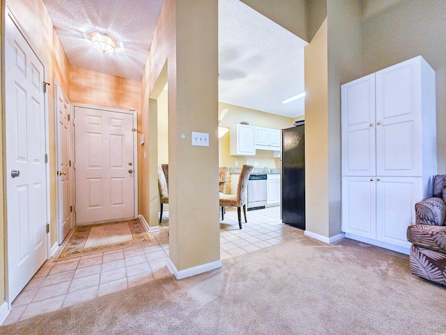 entrance foyer featuring light carpet and a textured ceiling