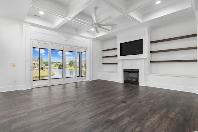 unfurnished living room with coffered ceiling, ceiling fan, ornamental molding, beam ceiling, and dark hardwood / wood-style flooring