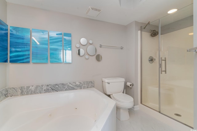 bathroom with shower with separate bathtub, tile patterned floors, and toilet