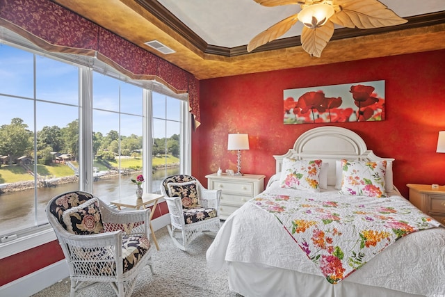 bedroom featuring carpet flooring, access to exterior, ceiling fan, and ornamental molding