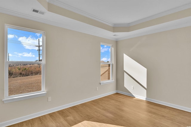 unfurnished room featuring light wood-type flooring, a raised ceiling, plenty of natural light, and crown molding