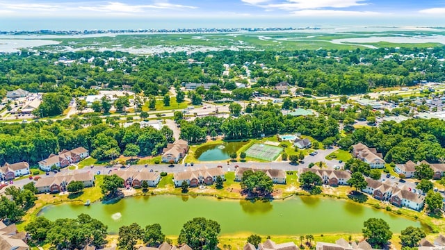 aerial view featuring a water view and a residential view
