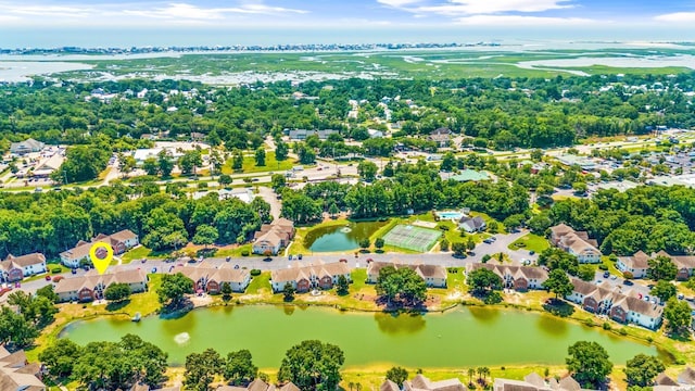 aerial view featuring a water view and a residential view