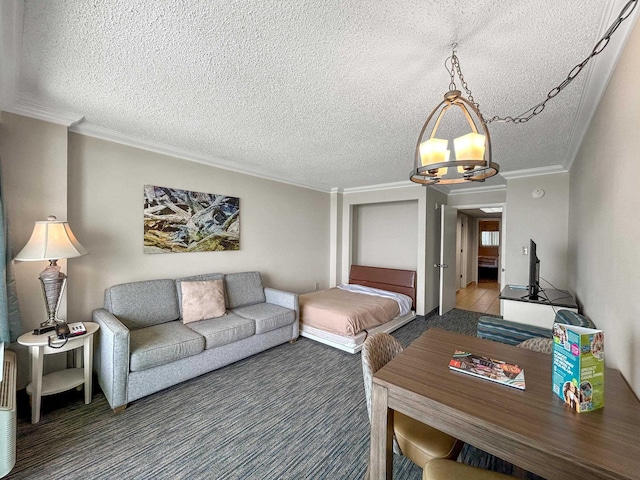 carpeted living room featuring a notable chandelier, ornamental molding, and a textured ceiling