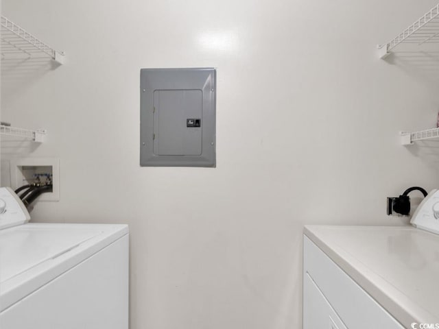 laundry room featuring electric panel and washer and clothes dryer