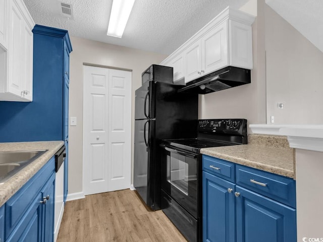 kitchen featuring black appliances, blue cabinets, light hardwood / wood-style floors, and white cabinets