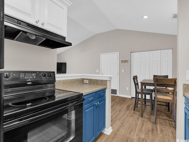 kitchen with white cabinets, vaulted ceiling, electric range, light hardwood / wood-style floors, and blue cabinets