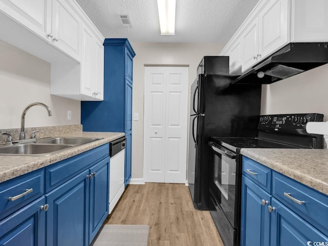 kitchen with light hardwood / wood-style floors, black electric range oven, white cabinets, and blue cabinetry