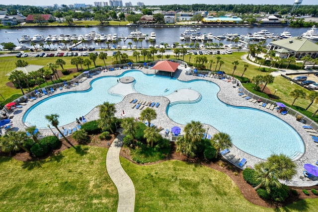 drone / aerial view with a water view