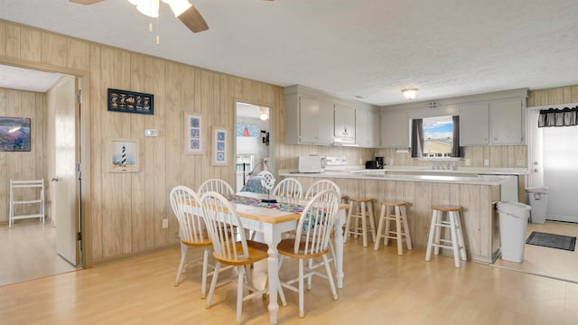 dining space with light wood-type flooring and ceiling fan