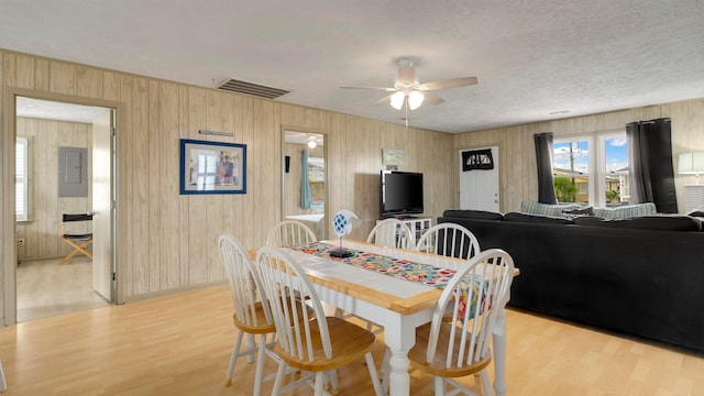 dining space featuring ceiling fan, wooden walls, light wood-type flooring, electric panel, and a textured ceiling