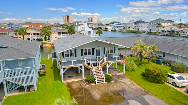 aerial view featuring a water view