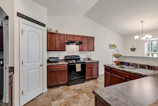 kitchen with lofted ceiling, sink, a notable chandelier, black range with electric cooktop, and decorative light fixtures