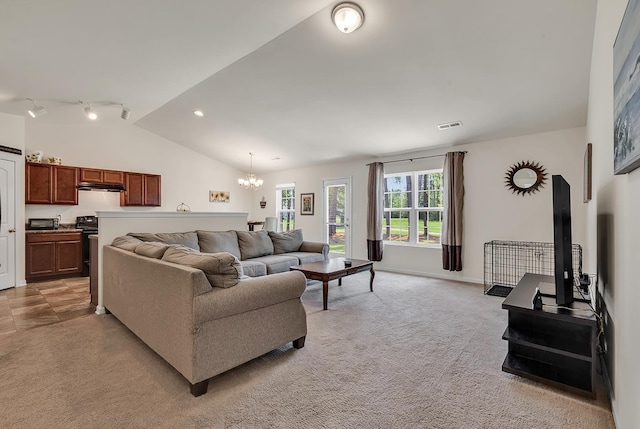 carpeted living room with lofted ceiling and a notable chandelier