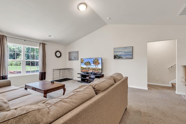 living room with light carpet and lofted ceiling