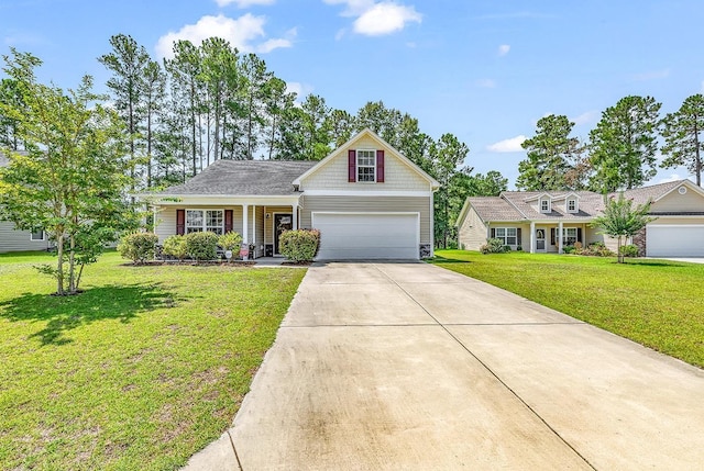 front of property featuring a garage, a front lawn, and covered porch