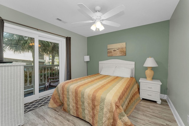 bedroom with light hardwood / wood-style flooring, access to exterior, and ceiling fan