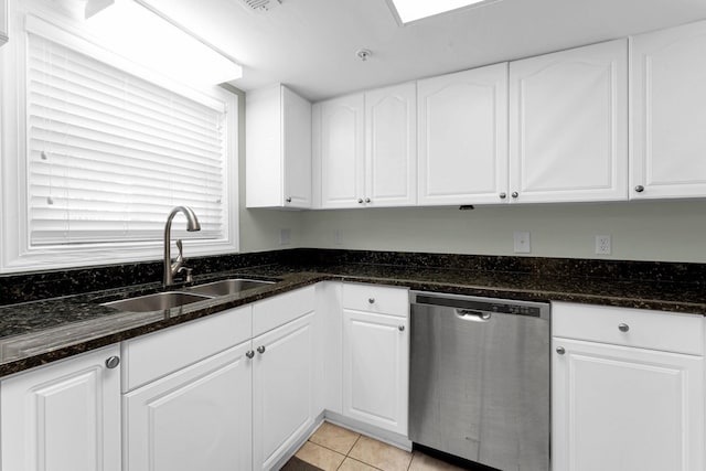 4314 S Ocean Blvd Unit B-1, North Myrtle Beach, SC 29582 - kitchen featuring stainless steel dishwasher, a sink, dark stone counters, and white cabinets