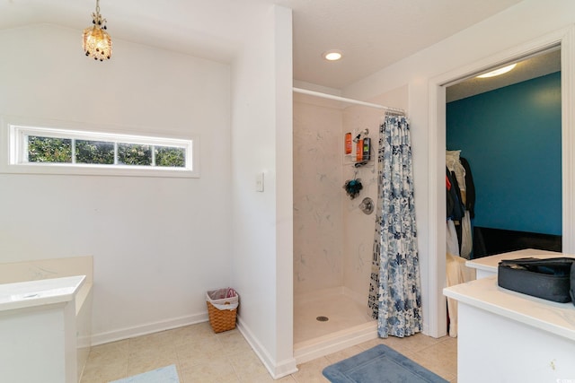 bathroom with curtained shower