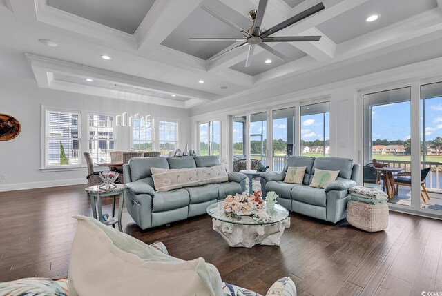 living room with coffered ceiling, crown molding, dark wood-type flooring, and beamed ceiling