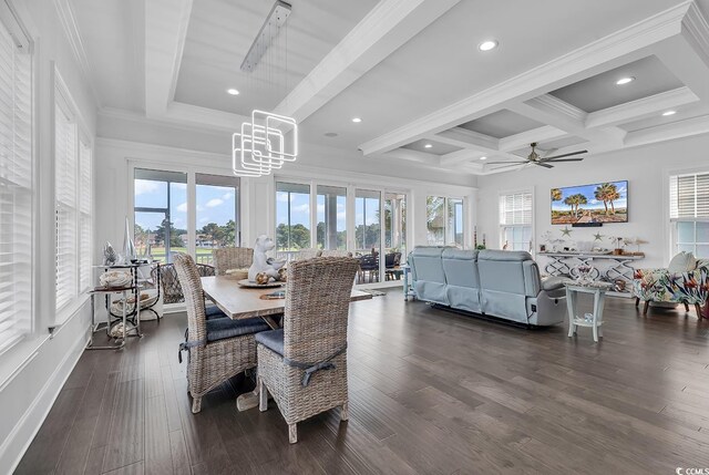 dining area featuring coffered ceiling, ornamental molding, dark hardwood / wood-style floors, beam ceiling, and ceiling fan with notable chandelier