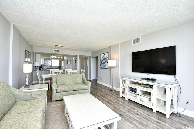 living room featuring hardwood / wood-style floors and a textured ceiling