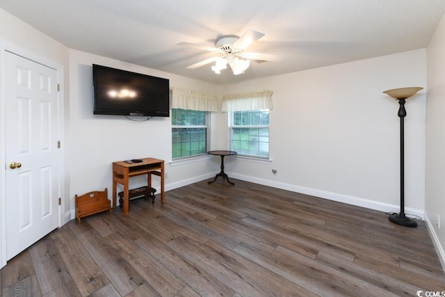 interior space featuring dark wood-type flooring and ceiling fan