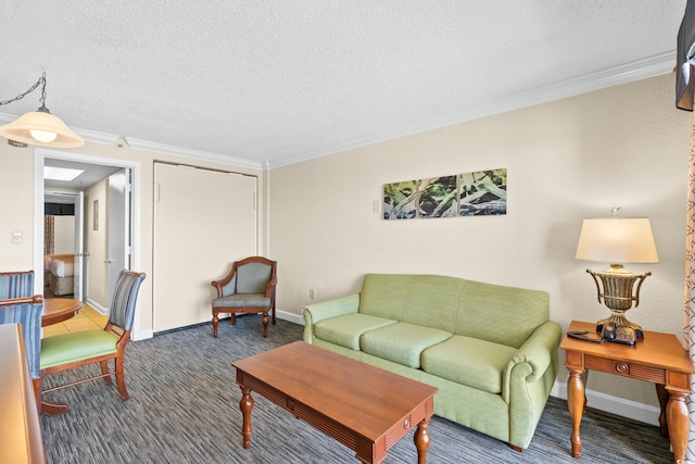 living room with a textured ceiling and ornamental molding