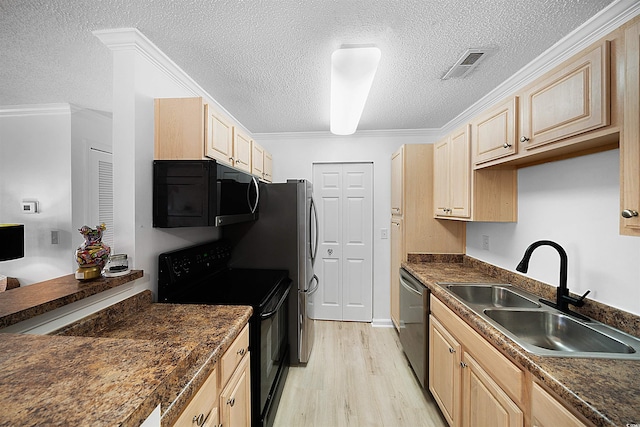 kitchen with dishwasher, light brown cabinets, black / electric stove, sink, and crown molding