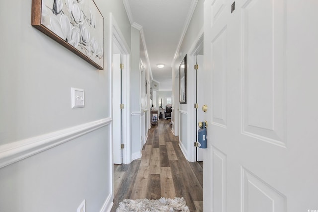 hall featuring dark wood-type flooring and ornamental molding