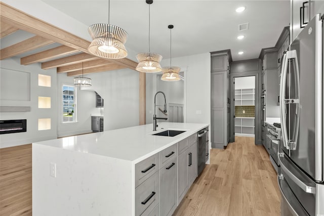 kitchen with stainless steel appliances, a sink, visible vents, light wood-type flooring, and gray cabinets