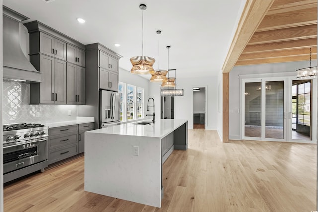 kitchen featuring light hardwood / wood-style flooring, appliances with stainless steel finishes, custom exhaust hood, decorative backsplash, and a kitchen island with sink