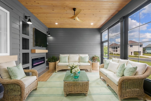 sunroom / solarium featuring wood ceiling