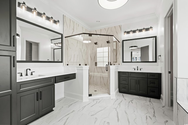 bathroom with two vanities, a sink, marble finish floor, a marble finish shower, and crown molding