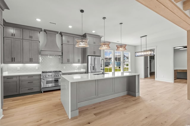 kitchen with tasteful backsplash, stainless steel appliances, premium range hood, and gray cabinetry