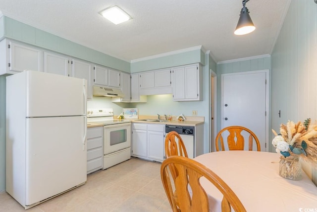 kitchen with pendant lighting, crown molding, white appliances, a textured ceiling, and light tile patterned floors