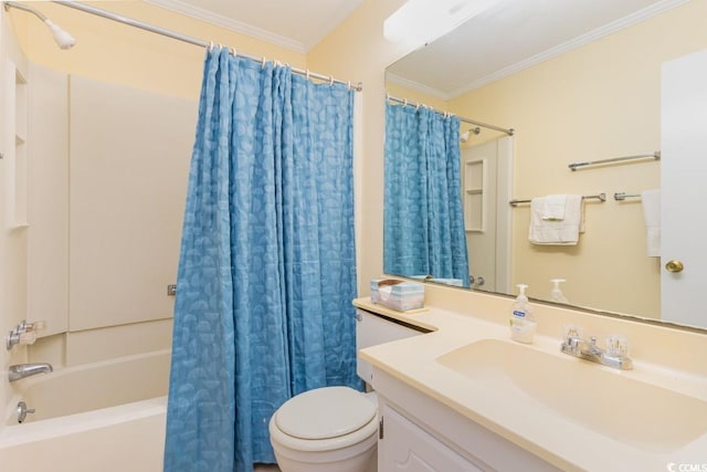 full bathroom with vanity, toilet, shower / bathtub combination with curtain, and ornamental molding