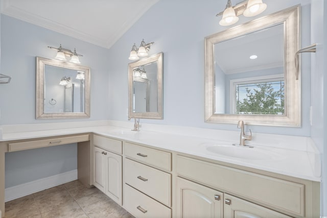 bathroom featuring vanity, tile patterned floors, and ornamental molding