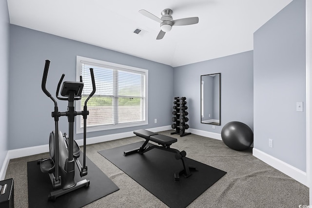 exercise area with carpet floors, ceiling fan, baseboards, visible vents, and lofted ceiling