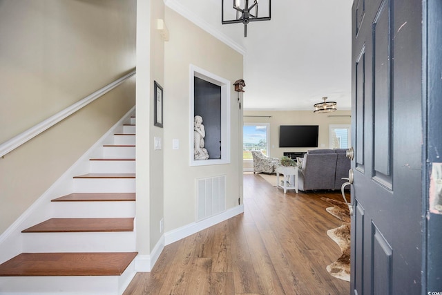 foyer with crown molding and wood-type flooring