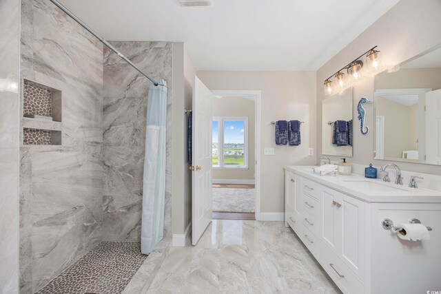 4524 Landing Rd, Little River, SC 29566 - bathroom featuring marble tiled floors, a marble finish shower, and double vanity
